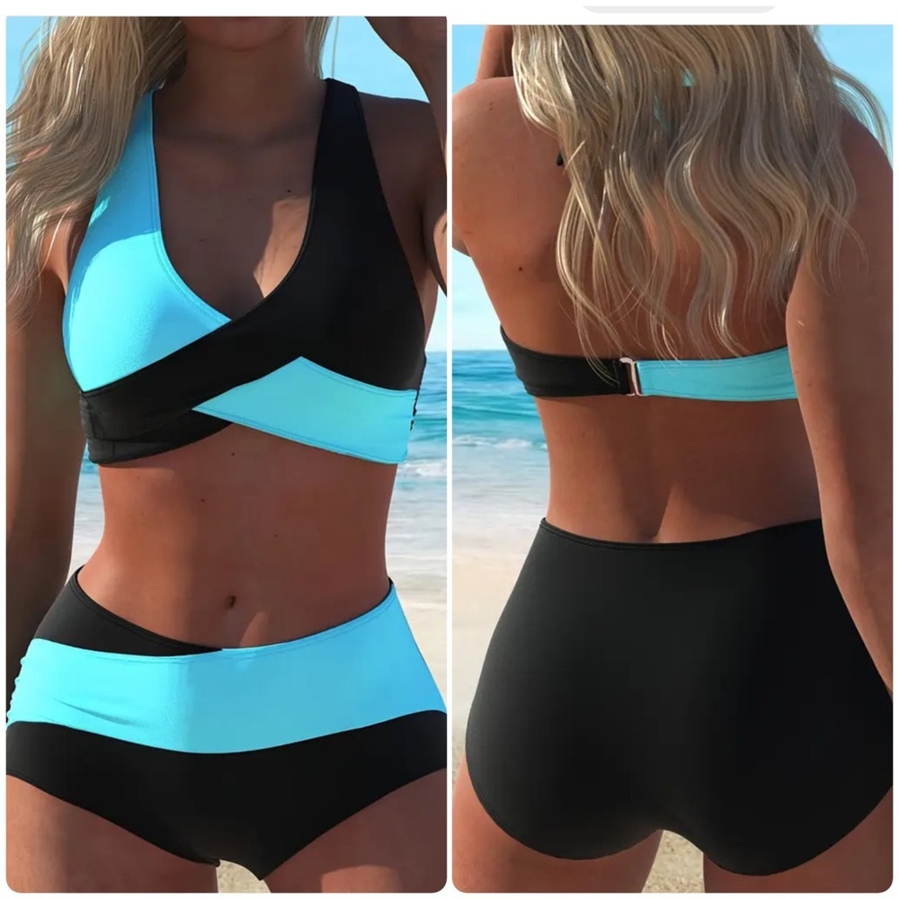 Blue Black Color Block Halter High Waist Bikini Set